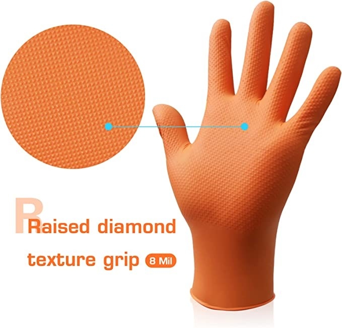Factory Supply 6mil 8mil Nitrile Diamond Texture Glove Powder Free Orange Nitrile Gloves